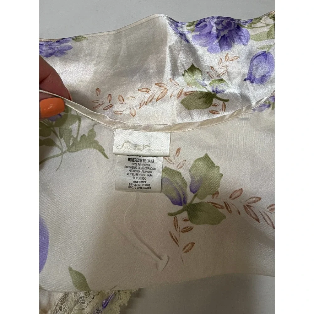 Secret Treasures Y2K Satin Floral Lace Cami Ivory Purple Bow Sleep Top Medium